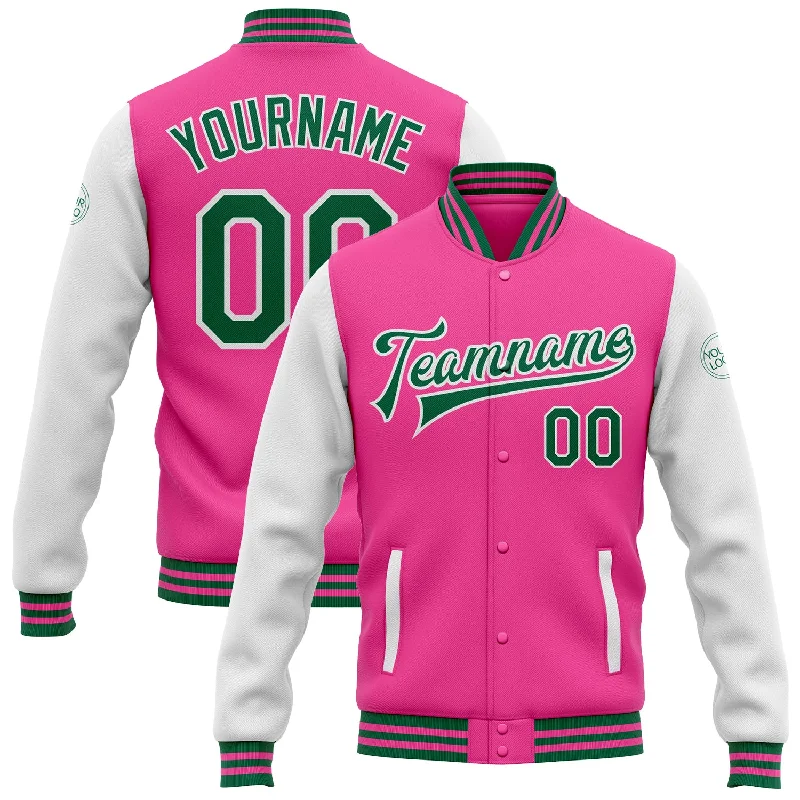 Lightweight Windbreaker Jacket for Outdoor Fun-Custom Pink Kelly Green-White Bomber Full-Snap Varsity Letterman Two Tone Jacket