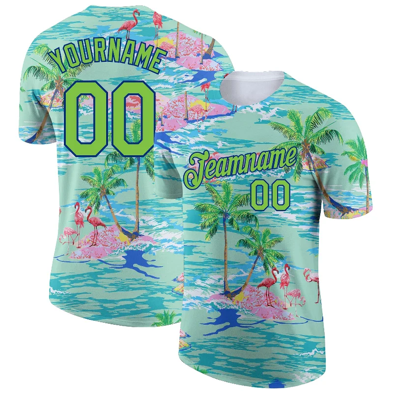 Lightweight Running T-Shirt for Active Days-Custom Lakes Blue Neon Green-Navy 3D Pattern Design Beach Hawaii Palm Trees And Flamingo Performance T-Shirt