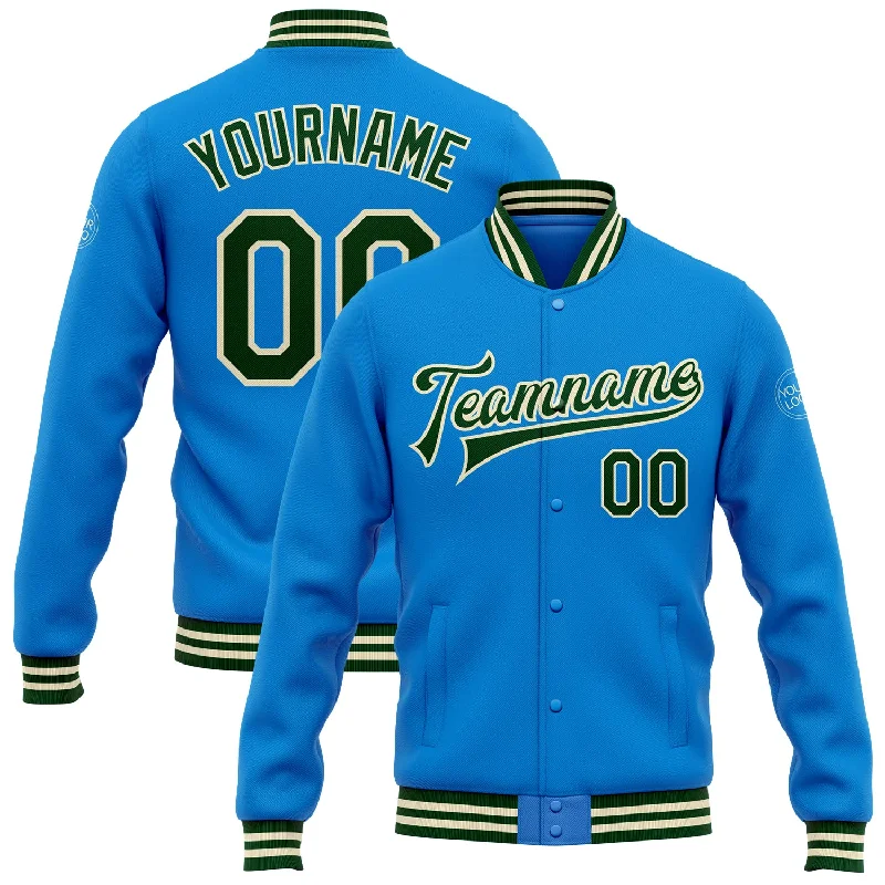 Soft Sherpa Jacket for Cozy Comfort-Custom Powder Blue Green-Cream Bomber Full-Snap Varsity Letterman Jacket