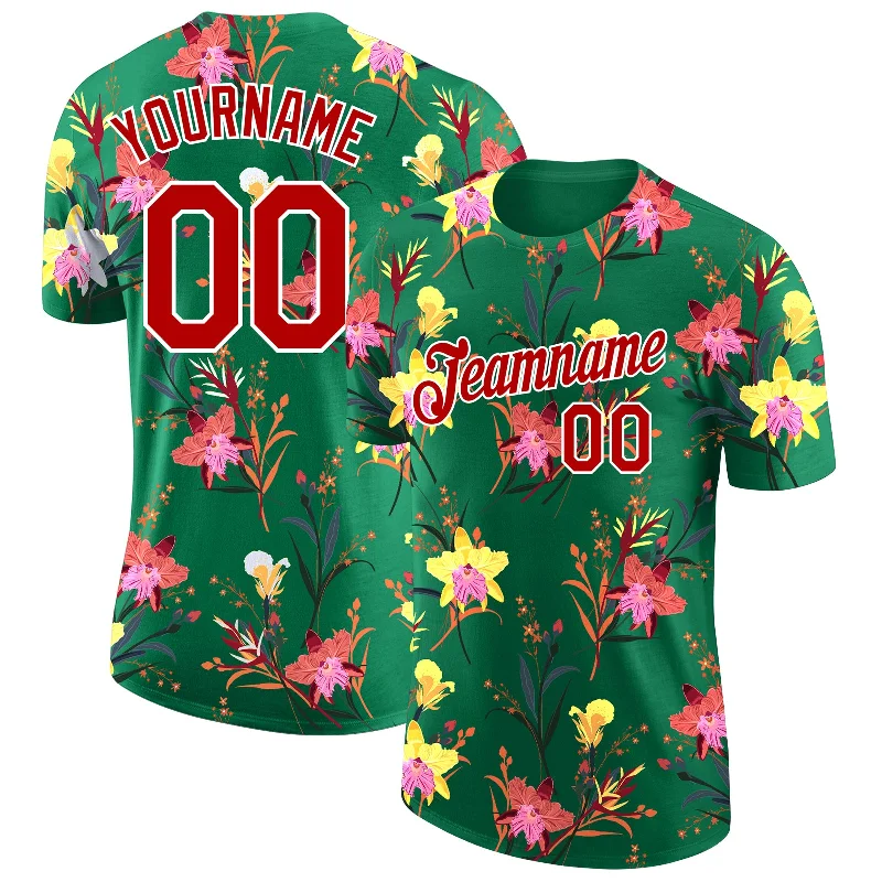 Fashionable Oversized T-Shirt for Trendy Vibes-Custom Kelly Green Red-White 3D Pattern Design Flowers Performance T-Shirt