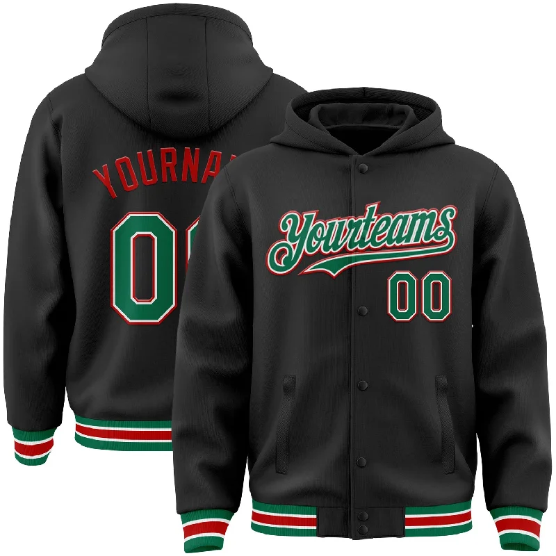 Heavyweight Hoodie for Extra Warmth-Custom Black Kelly Green-Red Bomber Full-Snap Varsity Letterman Hoodie Jacket