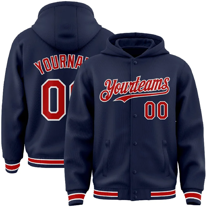 Hoodie with Front Pocket for Practical Use-Custom Navy Red-White Bomber Full-Snap Varsity Letterman Hoodie Jacket