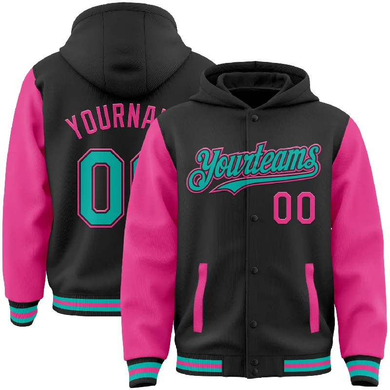 Stylish Hoodie with Printed Designs-Custom Black Aqua-Pink Bomber Full-Snap Varsity Letterman Two Tone Hoodie Jacket