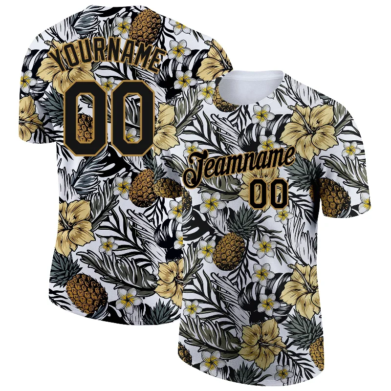 Sporty T-Shirt for Active Lifestyles-Custom Black Old Gold 3D Pattern Design Tropical Plant And Pineapples Performance T-Shirt