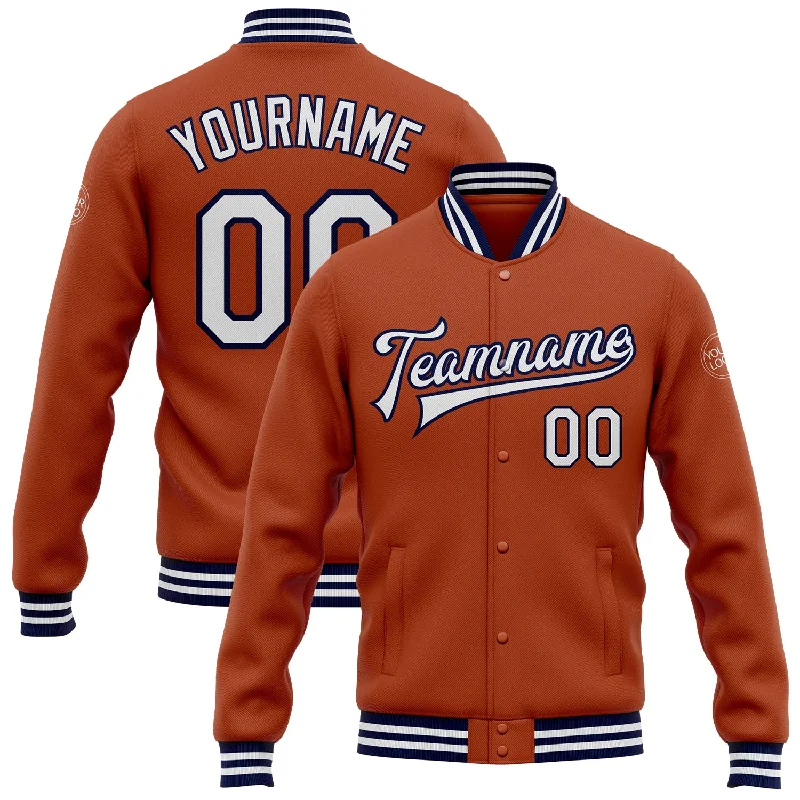 Waterproof Jacket for Outdoor Exploration-Custom Texas Orange White-Navy Bomber Full-Snap Varsity Letterman Jacket