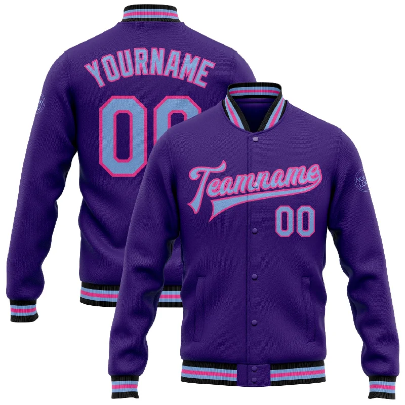 Cozy Long Parka Jacket for Winter Warmth-Custom Purple Light Blue Pink-Black Bomber Full-Snap Varsity Letterman Jacket