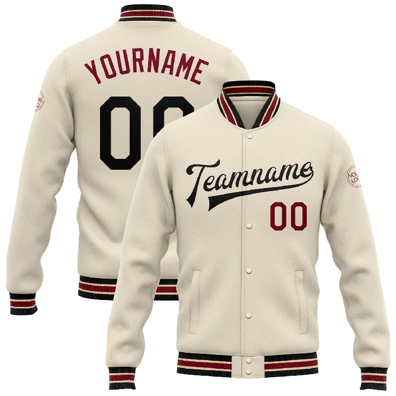 Waterproof Outdoor Jacket for Wet Conditions-Custom Cream Black Crimson-City Cream Bomber Full-Snap Varsity Letterman Jacket