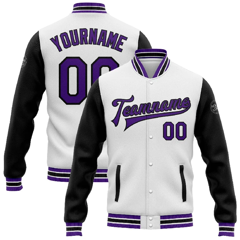 Lightweight Soft Shell Jacket for Hiking-Custom White Purple-Black Bomber Full-Snap Varsity Letterman Two Tone Jacket