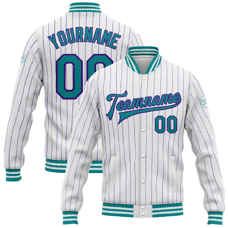 Comfortable Travel Jacket for Adventure Trips-Custom White Purple Pinstripe Teal Bomber Full-Snap Varsity Letterman Jacket