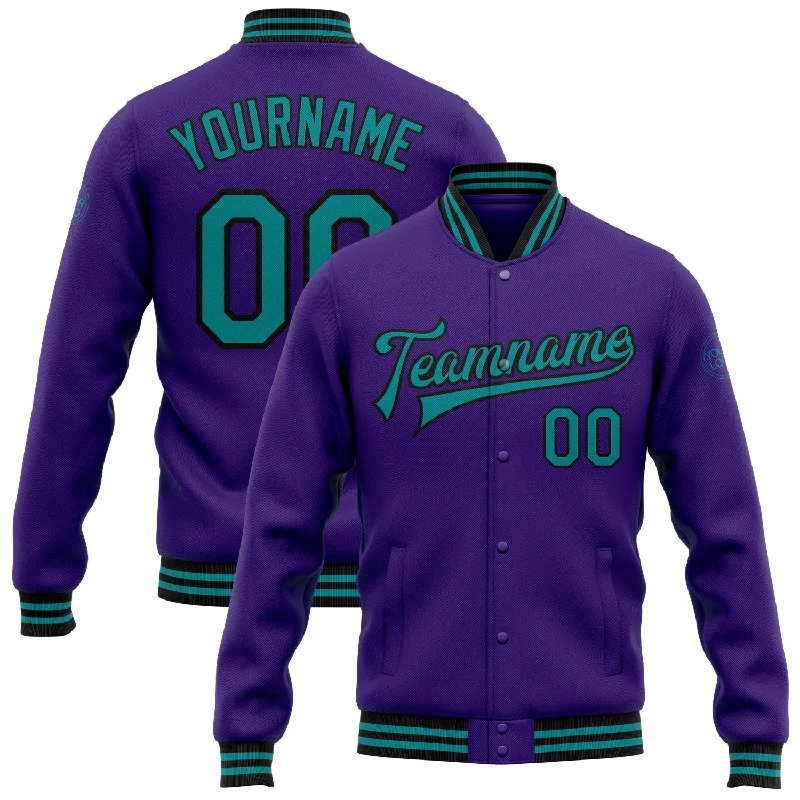 Breathable Mesh Jacket for Warm Weather-Custom Purple Teal-Black Bomber Full-Snap Varsity Letterman Jacket