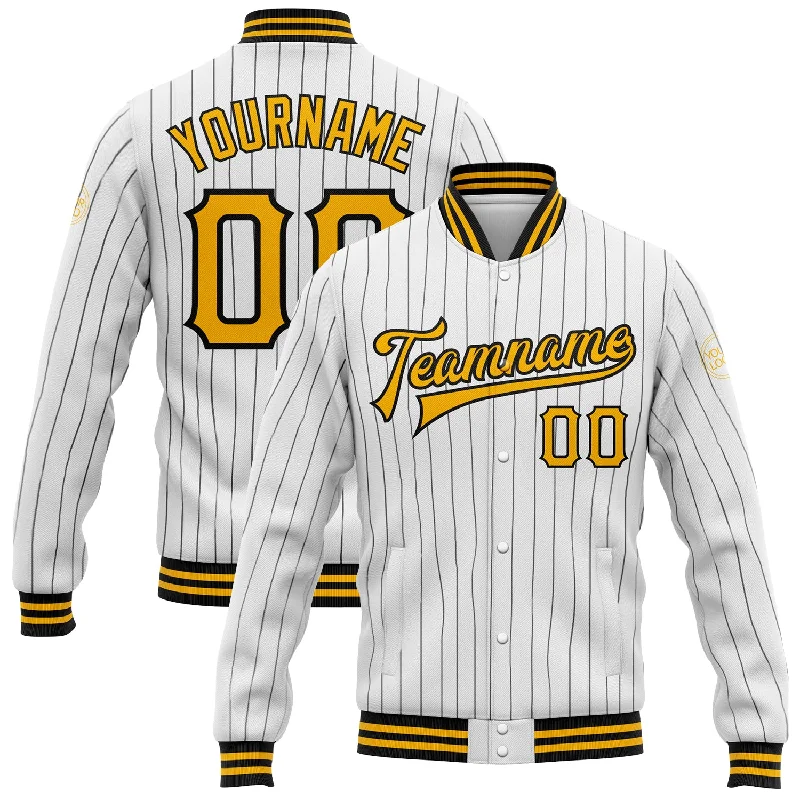 Modern Utility Jacket for Everyday Wear-Custom White Black Pinstripe Gold Bomber Full-Snap Varsity Letterman Jacket