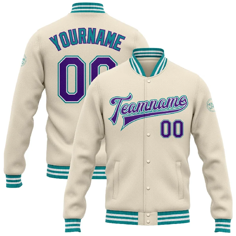 Lightweight Soft Shell Jacket for Hiking-Custom Cream Purple-Teal Bomber Full-Snap Varsity Letterman Jacket