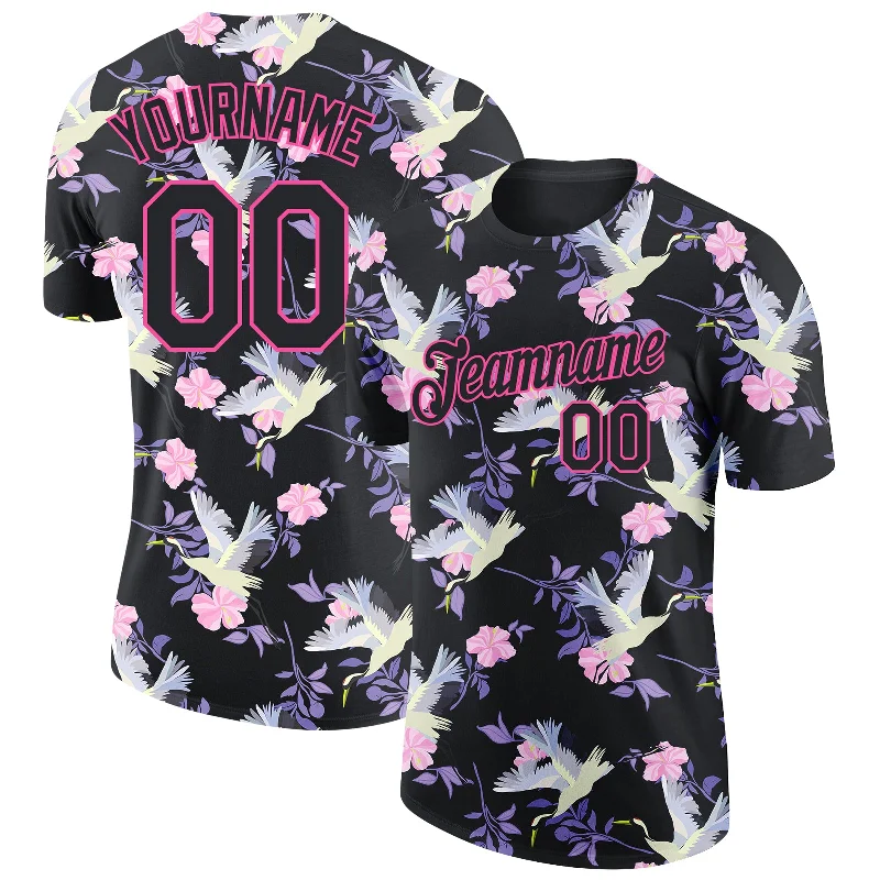 Fun and Playful Graphic T-Shirt for Youthful Energy-Custom Black Pink 3D Pattern Design Flowers And Crane Performance T-Shirt