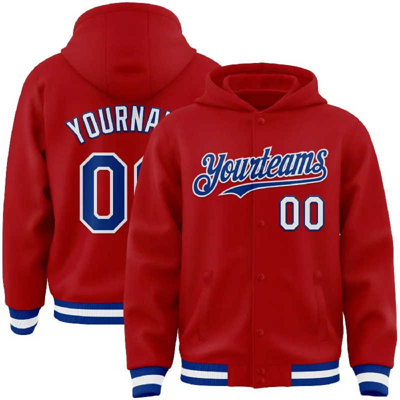 Classic Hoodie with Bold Logo Design-Custom Red Royal-White Bomber Full-Snap Varsity Letterman Hoodie Jacket