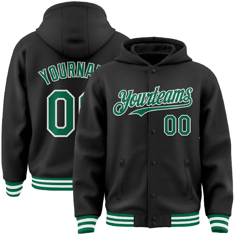 Soft and Comfy Hoodie for Chill Days-Custom Black Kelly Green-White Bomber Full-Snap Varsity Letterman Hoodie Jacket