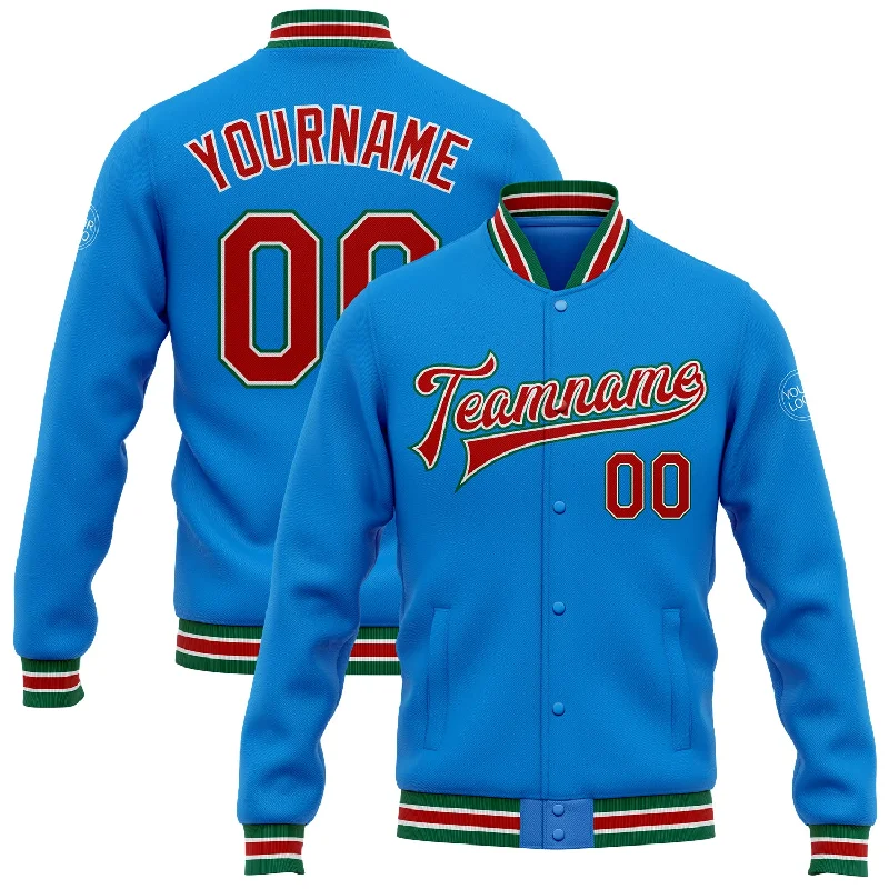 Warm Puffer Jacket for Winter Comfort-Custom Powder Blue Red-Kelly Green Bomber Full-Snap Varsity Letterman Jacket