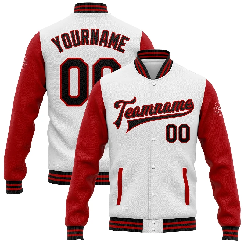 Stylish Rain Jacket for Wet Weather-Custom White Black-Red Bomber Full-Snap Varsity Letterman Two Tone Jacket