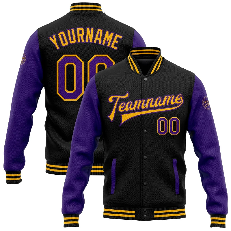 Waterproof Running Jacket for Active Days-Custom Black Purple-Gold Bomber Full-Snap Varsity Letterman Two Tone Jacket