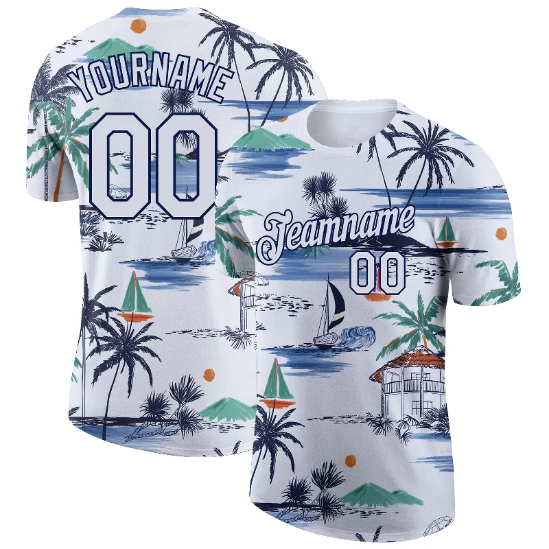 High-Quality Printed T-Shirt for Custom Design-Custom White Navy 3D Pattern Design Hawaii Palm Trees Island And Sailboat Performance T-Shirt