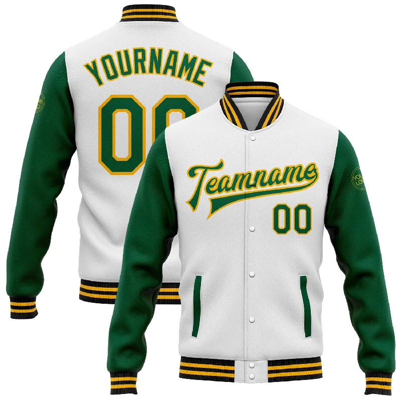 Comfortable Fitted Jacket for Everyday Wear-Custom White Kelly Green Gold-Black Bomber Full-Snap Varsity Letterman Two Tone Jacket