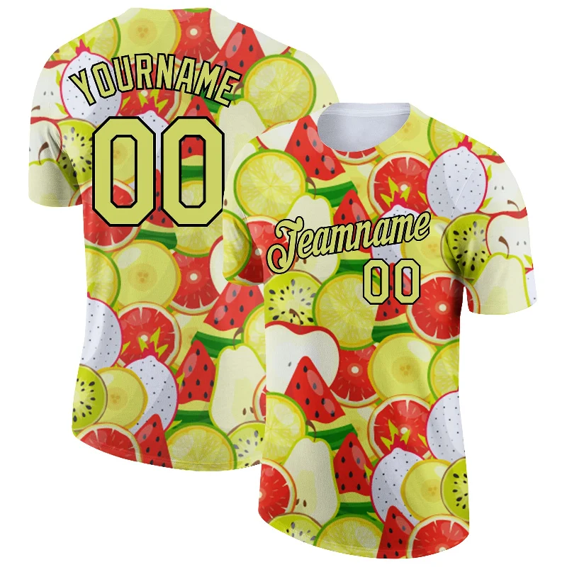 Soft Jersey T-Shirt for All-Day Comfort-Custom White Neon Yellow-Black 3D Pattern Design Summer Holiday Fruit Performance T-Shirt