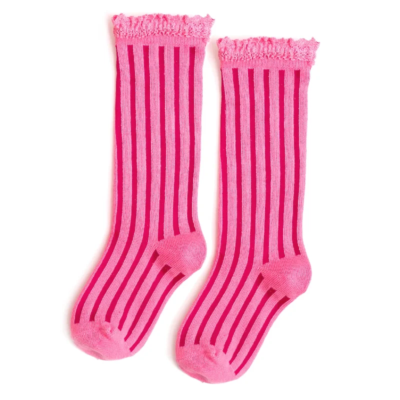 Warm Heated Socks for Winter Sports-Taffy Striped Lace Top Knee High Socks