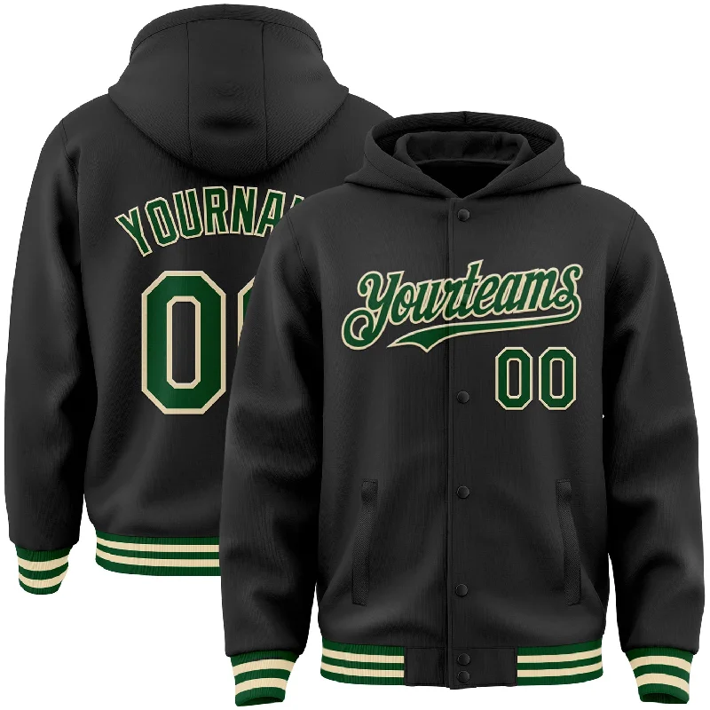 Lightweight Hoodie for Spring and Fall-Custom Black Green-Cream Bomber Full-Snap Varsity Letterman Hoodie Jacket