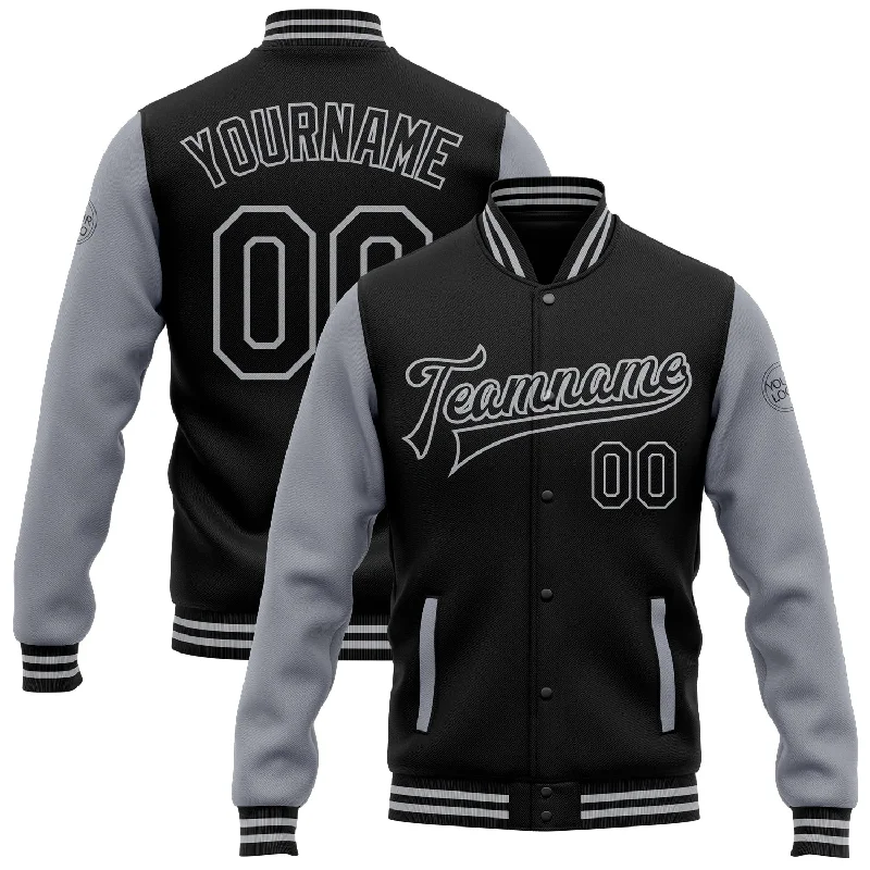 Trendy Fleece Jacket for Winter Outfits-Custom Black Gray Bomber Full-Snap Varsity Letterman Two Tone Jacket