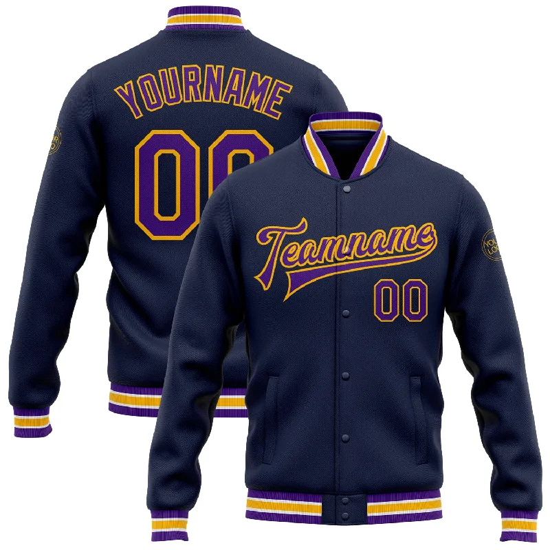 Insulated Hooded Jacket for Chilly Weather-Custom Navy Purple-Gold Bomber Full-Snap Varsity Letterman Jacket