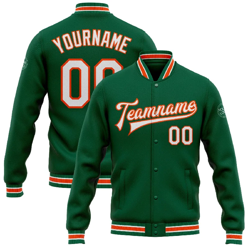 Soft Hoodie Jacket for Casual Comfort-Custom Kelly Green White-Orange Bomber Full-Snap Varsity Letterman Jacket