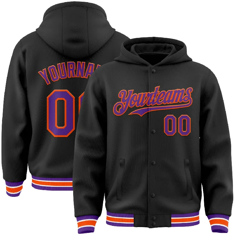 Sporty Hoodie for Outdoor Adventures-Custom Black Purple-Orange Bomber Full-Snap Varsity Letterman Hoodie Jacket