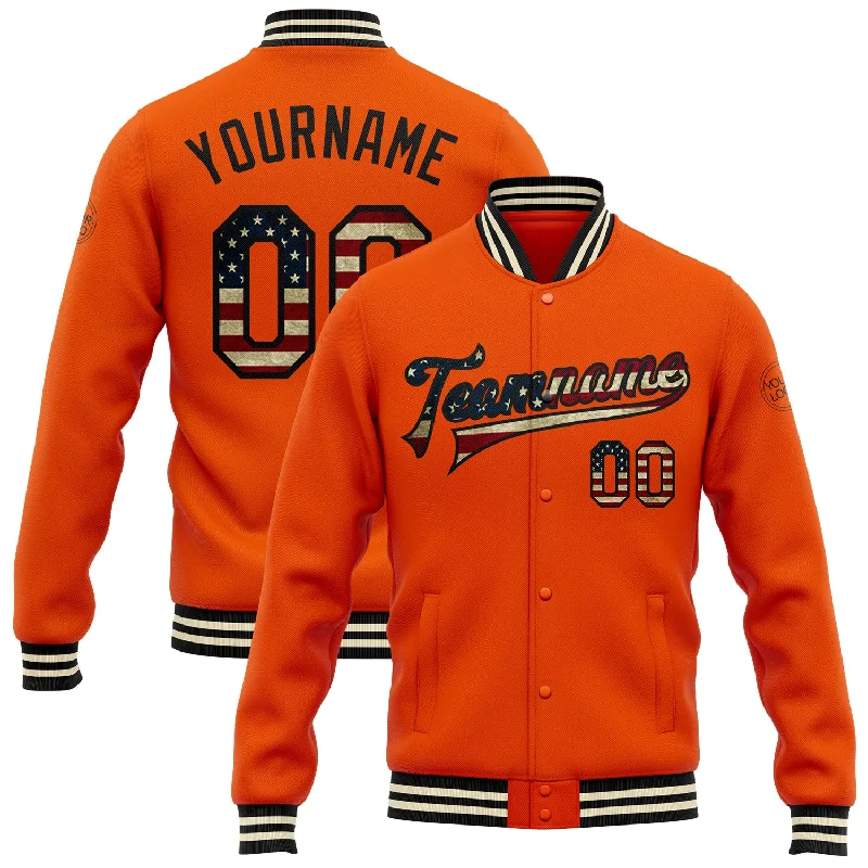 Warm Waterproof Jacket for Stormy Conditions-Custom Orange Vintage USA Flag Black-Cream Bomber Full-Snap Varsity Letterman Jacket