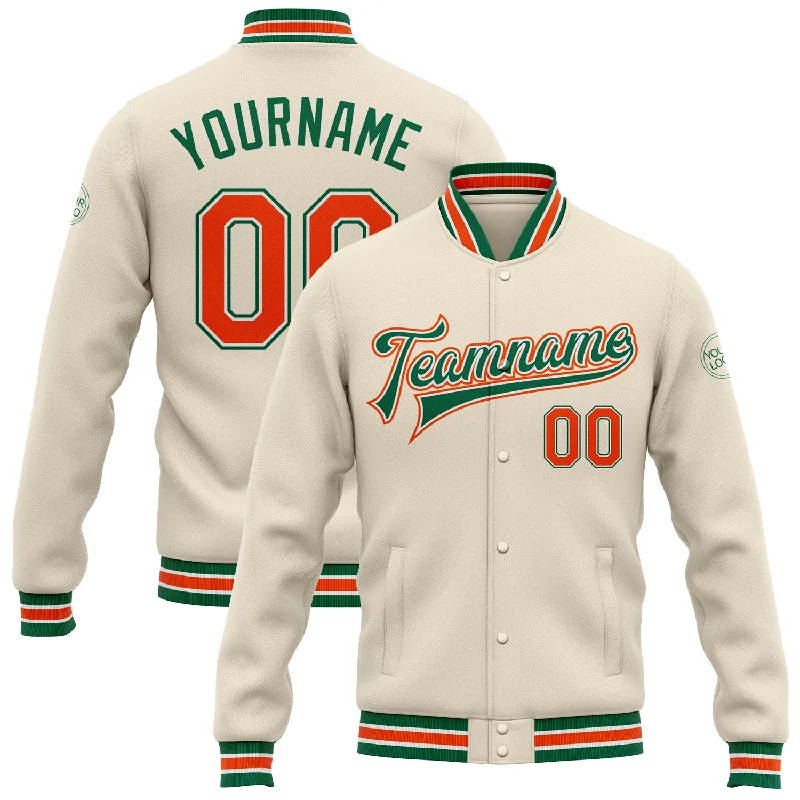 Soft Shell Jacket for Spring Weather-Custom Cream Orange-Kelly Green Bomber Full-Snap Varsity Letterman Jacket