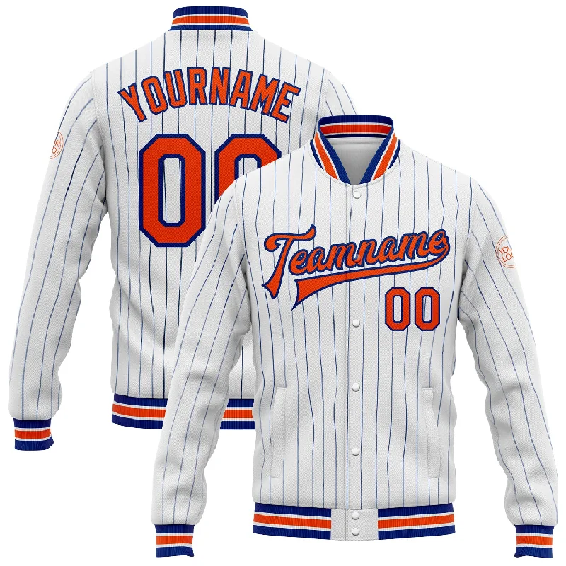 Durable Workwear Jacket for Tough Jobs-Custom White Royal Pinstripe Orange Bomber Full-Snap Varsity Letterman Jacket