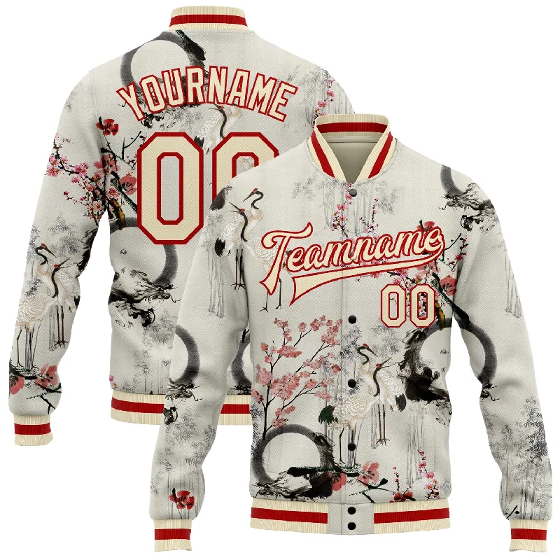 Soft Sherpa Jacket for Cozy Comfort-Custom Cream Red Heron And Flower 3D Pattern Design Bomber Full-Snap Varsity Letterman Jacket