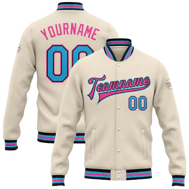 Stylish Quilted Coat Jacket for Fall Fashion-Custom Cream Sky Blue Black-Pink Bomber Full-Snap Varsity Letterman Jacket