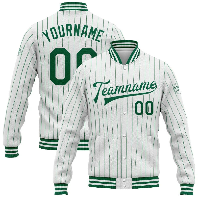 Packable Travel Jacket for On-the-Go Comfort-Custom White Kelly Green Pinstripe Kelly Green Bomber Full-Snap Varsity Letterman Jacket