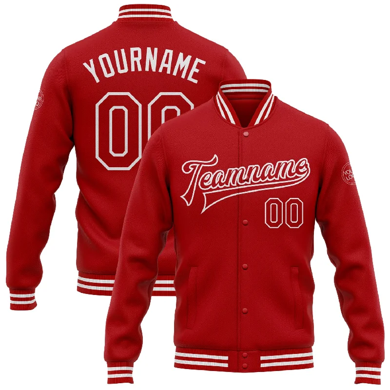 Thermal Insulated Jacket for Extreme Cold-Custom Red White Bomber Full-Snap Varsity Letterman Jacket