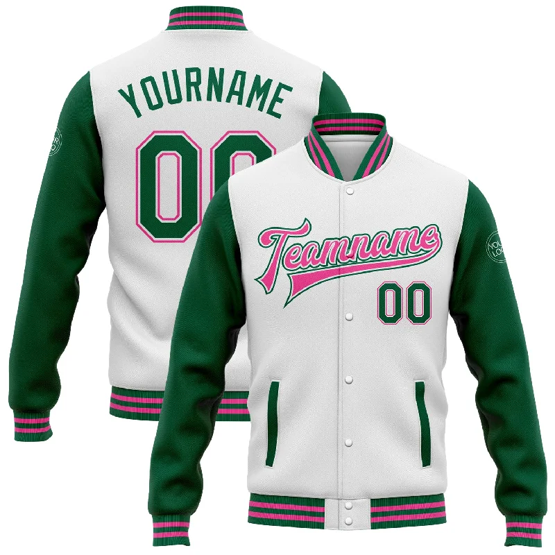 Trendy Camouflage Jacket for Casual Vibes-Custom White Kelly Green-Pink Bomber Full-Snap Varsity Letterman Two Tone Jacket