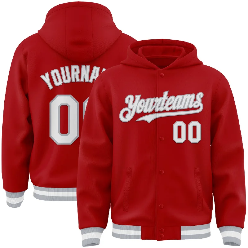 Trendy Hoodie with Embroidered Details-Custom Red White-Gray Bomber Full-Snap Varsity Letterman Hoodie Jacket