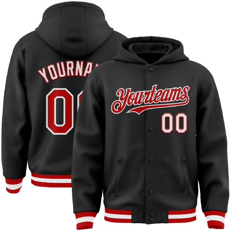 Cozy Hoodie with Side Pockets for Extra Storage-Custom Black Red-White Bomber Full-Snap Varsity Letterman Hoodie Jacket