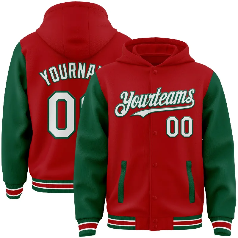 Warm Hoodie for Cold Mornings-Custom Red White-Kelly Green Bomber Full-Snap Varsity Letterman Two Tone Hoodie Jacket