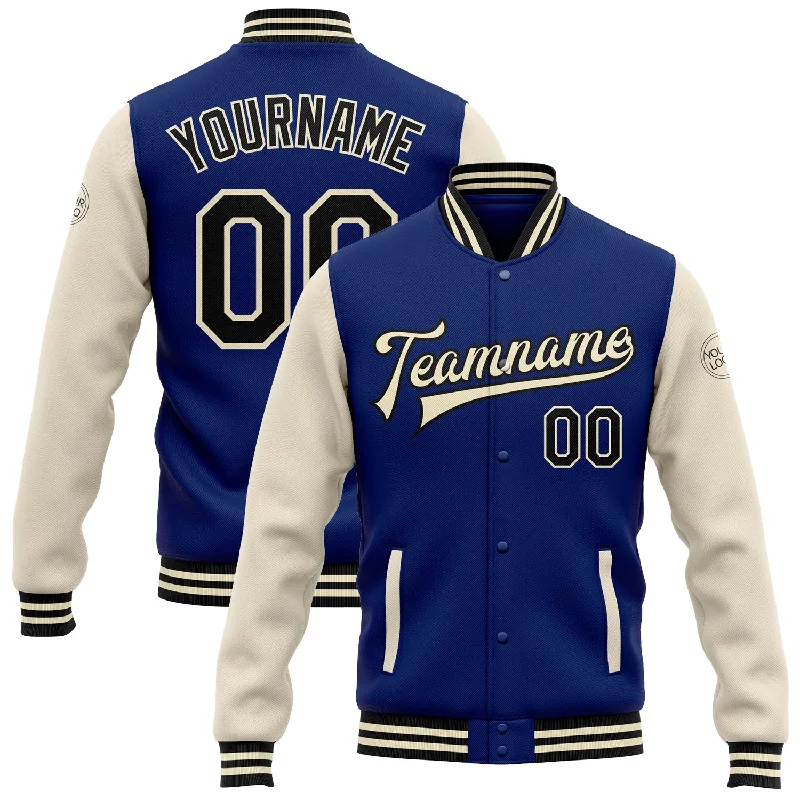 Trendy Fleece Jacket for Winter Outfits-Custom Royal Black-Cream Bomber Full-Snap Varsity Letterman Two Tone Jacket