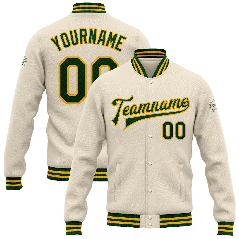 Comfortable Travel Jacket for Adventure Trips-Custom Cream Green-Gold Bomber Full-Snap Varsity Letterman Jacket