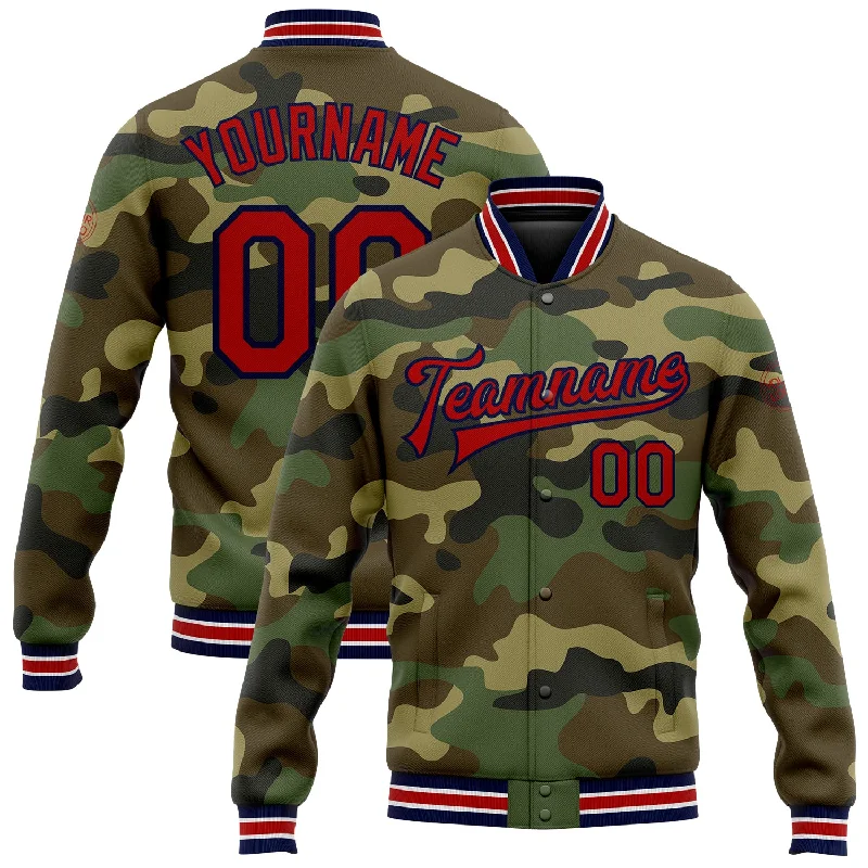 Chic Blazer Jacket for Business and Casual Looks-Custom Camo Red-Navy Bomber Full-Snap Varsity Letterman Salute To Service Jacket