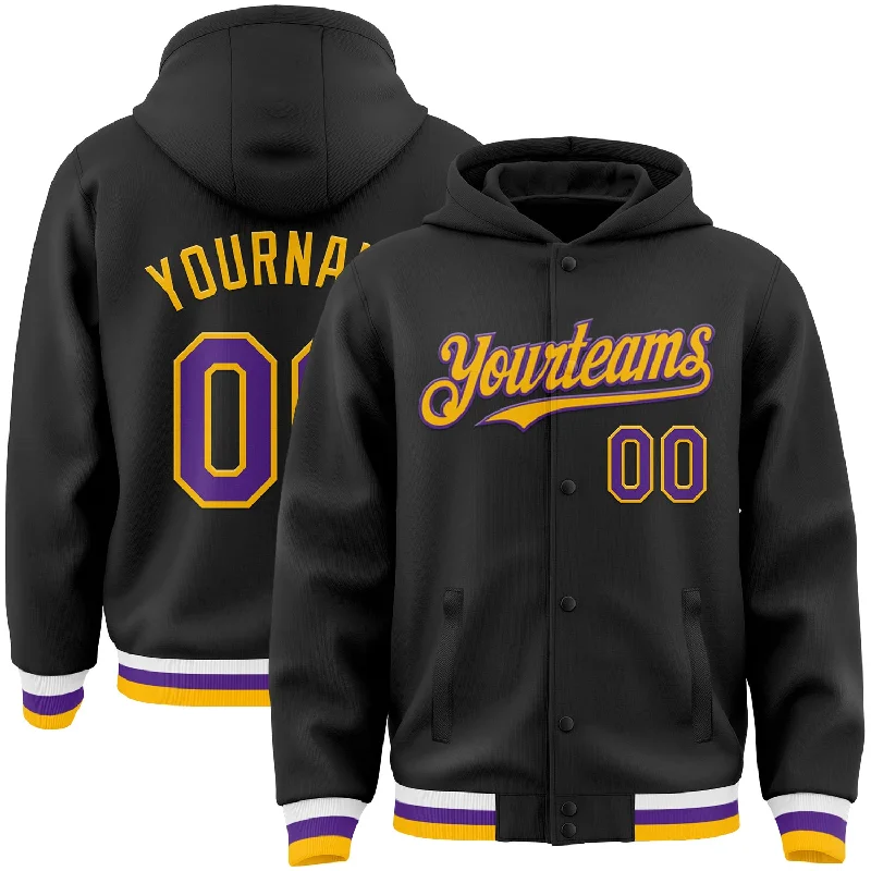 Fashionable Oversized Hoodie for Street Style-Custom Black Purple-Gold Bomber Full-Snap Varsity Letterman Hoodie Jacket