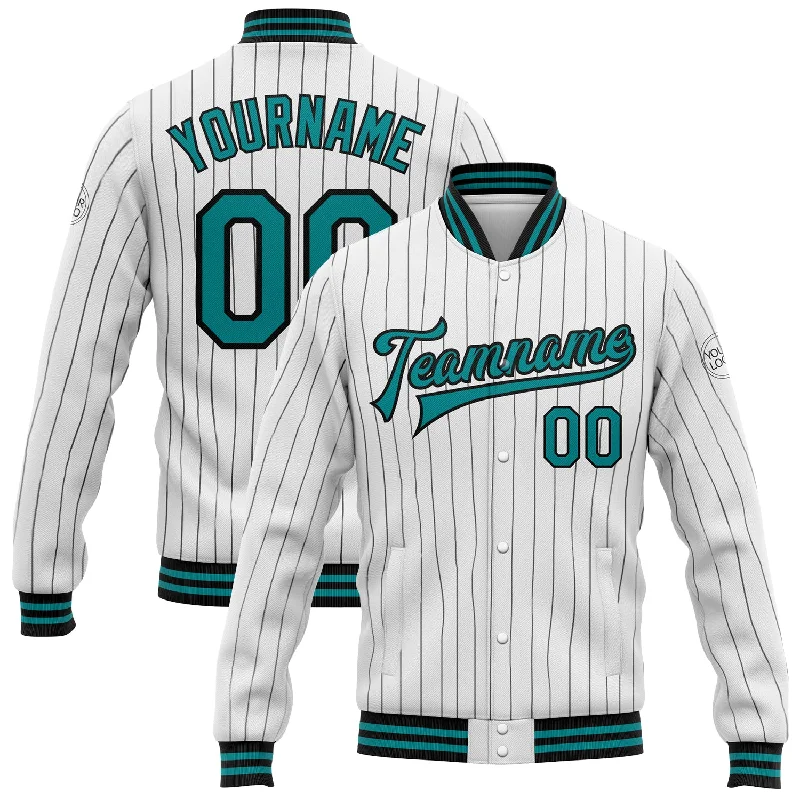 Casual Utility Jacket for Practical Wear-Custom White Black Pinstripe Teal Bomber Full-Snap Varsity Letterman Jacket