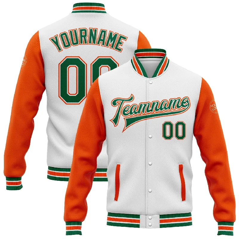 Stylish Moto Jacket for Edgy Looks-Custom White Kelly Green-Orange Bomber Full-Snap Varsity Letterman Two Tone Jacket