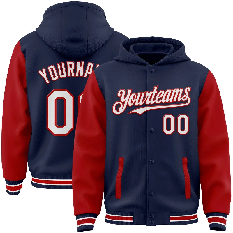 Premium Cotton Hoodie for Superior Comfort-Custom Navy White-Red Bomber Full-Snap Varsity Letterman Two Tone Hoodie Jacket