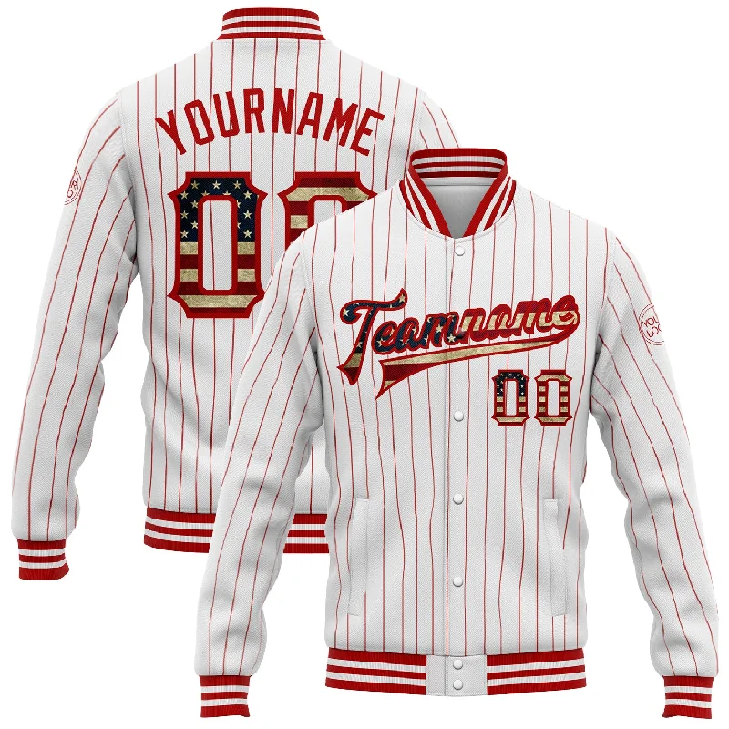 Trendy Zip-Up Jacket for Casual Styling-Custom White Red Pinstripe Vintage USA Flag Bomber Full-Snap Varsity Letterman Jacket